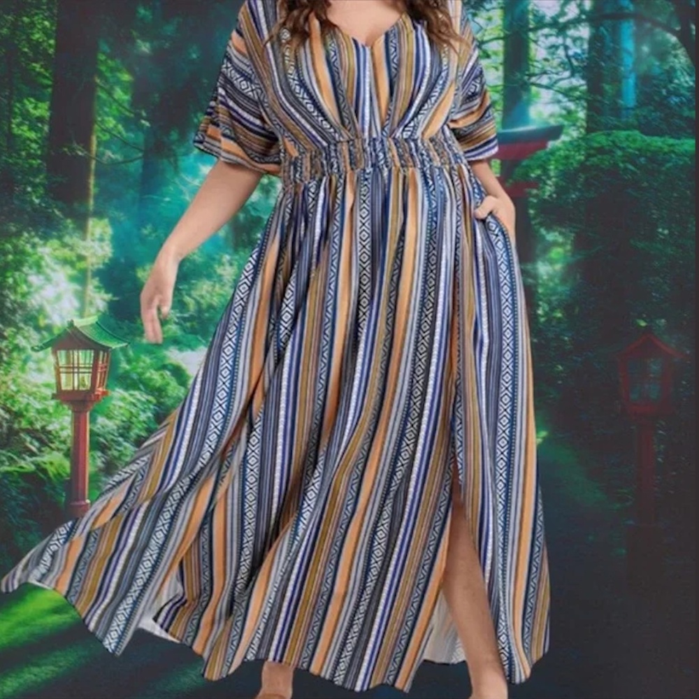 Plus-Size Blue and Tan Striped V-Neck Maxi Dress